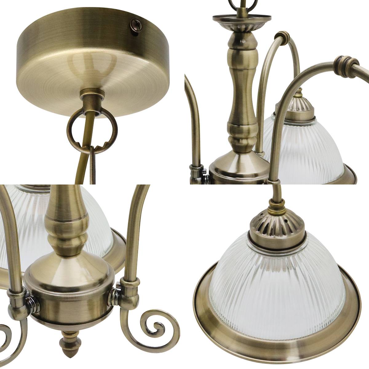 Energy Light Bulbs 3 Light Ribbed Glass Ceiling Pendant Light - Antique Brass - Image 4