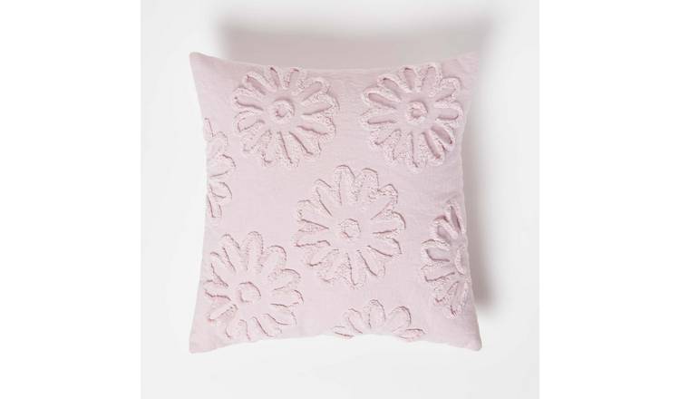 Homescapes Lilac Floral Daisy Tufted Cotton Cushion - 45 x 45 cm