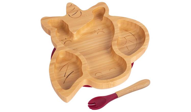 Tiny Dining Bamboo Unicorn Baby Weaning Plate & Fork Set - Red