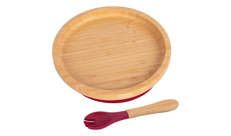 Tiny Dining Bamboo Round Baby Weaning Plate & Fork Set - Red