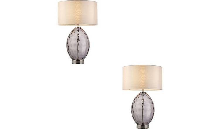 Loops Direct Pack of 2 LED E27 Grey Tinted Table Lamp - Vintage White Fabric