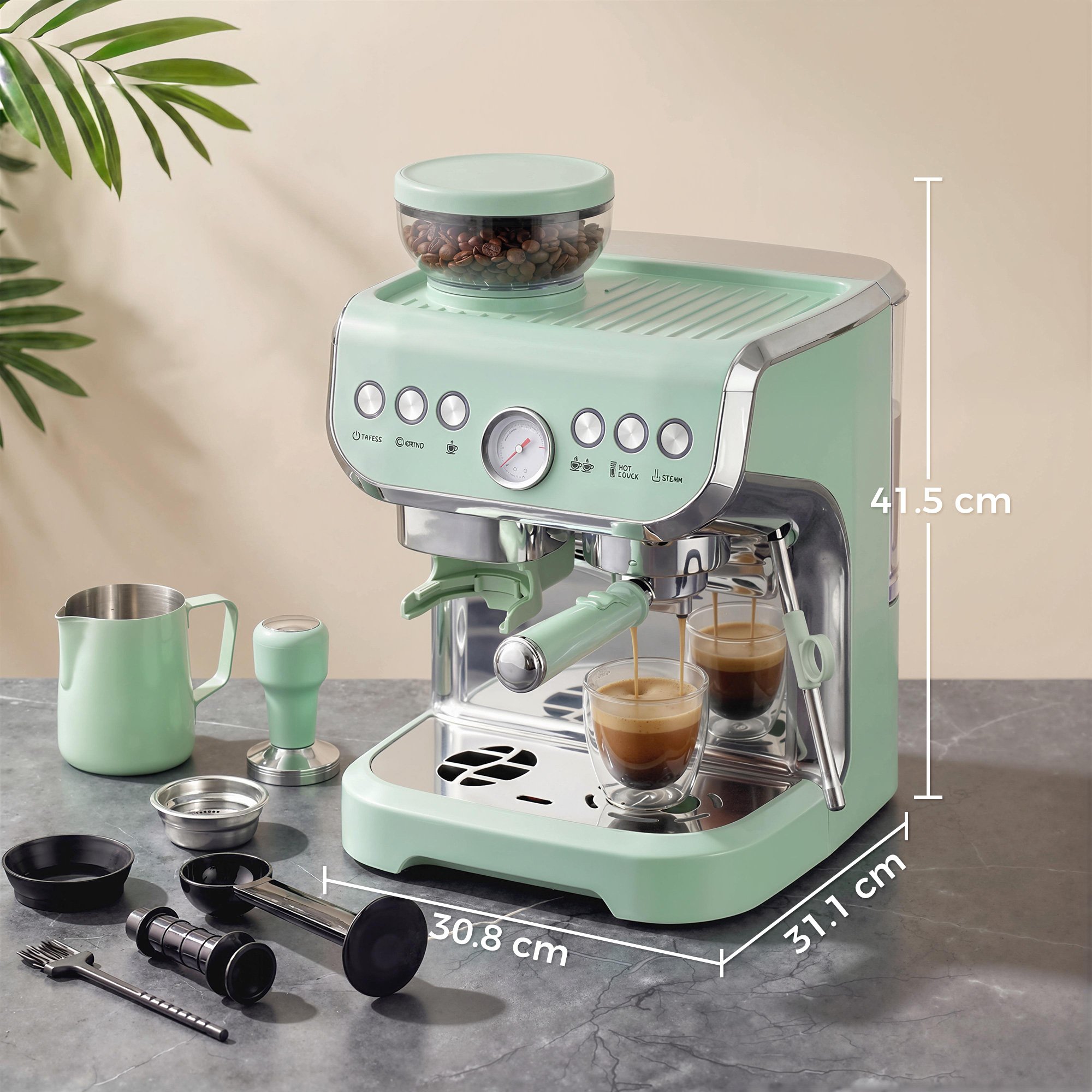 HOMCOM Espresso Machine Bean to Cup Coffee Machine, Steam Wand, Light Green - Image 3