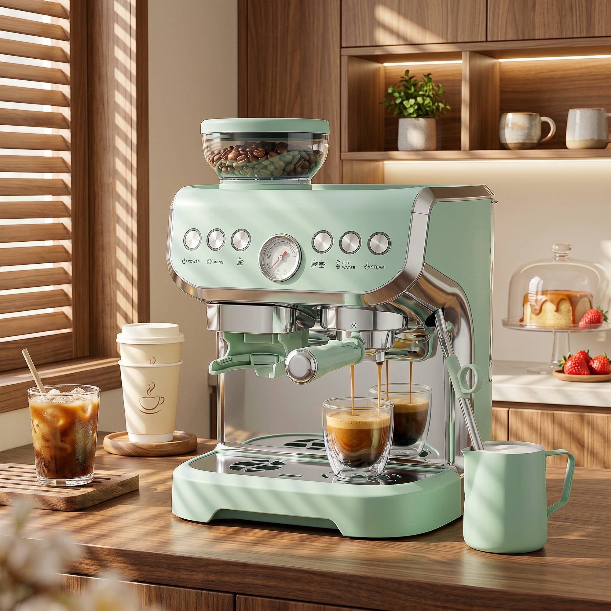 HOMCOM Espresso Machine Bean to Cup Coffee Machine, Steam Wand, Light Green - Image 6