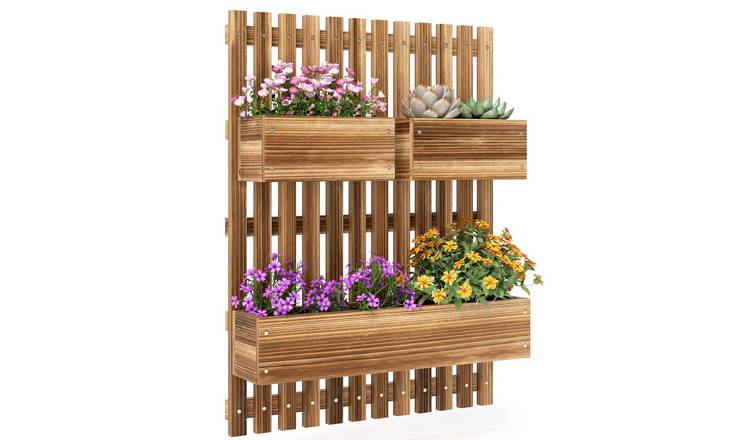 Outsunny Wooden Wall Mounted Garden Planters with Trellis - Carbonised