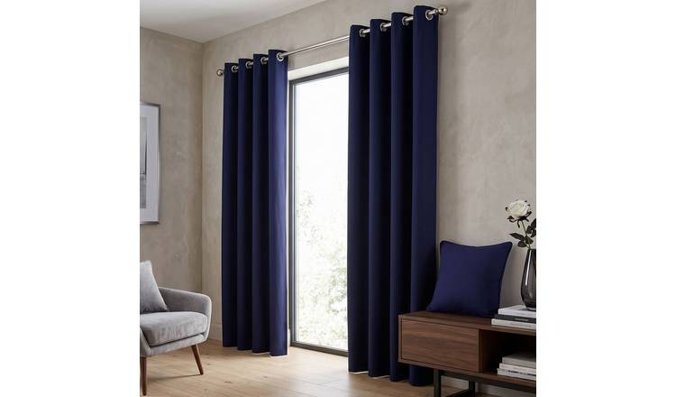 Homescapes Off Navy Blue Plain Cotton Eyelet Curtains - 117cm x 137cm