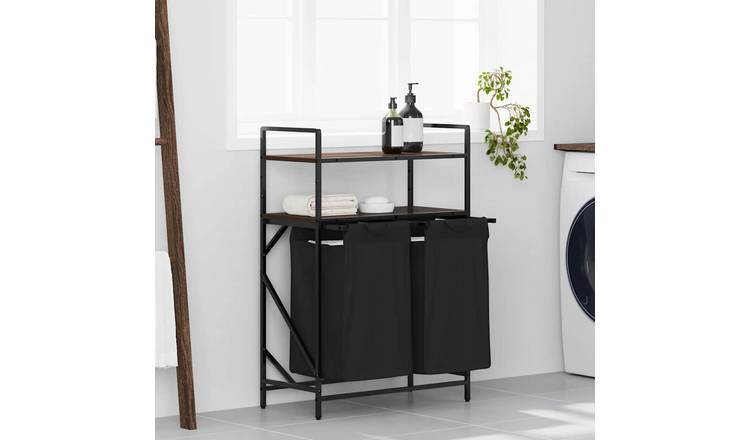 Walplus Laundry Basket 2 Compartments with Shelves - Brown - 67 x 33 x 97 cm