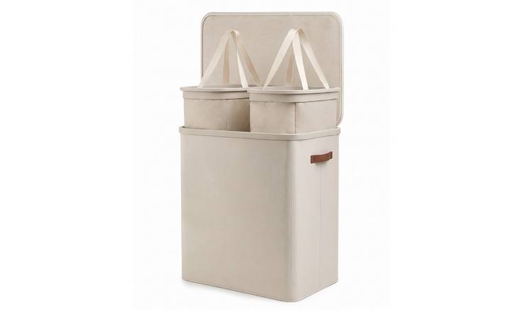 Keplin 150L Collapsible Fabric Lidded Double Laundry Basket - Beige