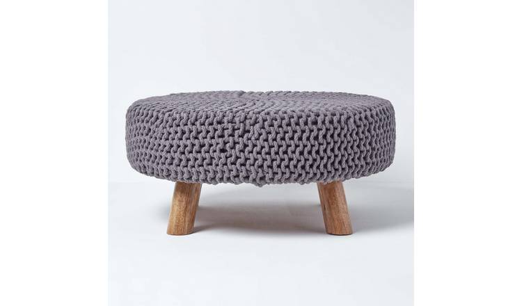 Homescapes Large Round Cotton Knitted Footstool with Legs – Sea Grey
