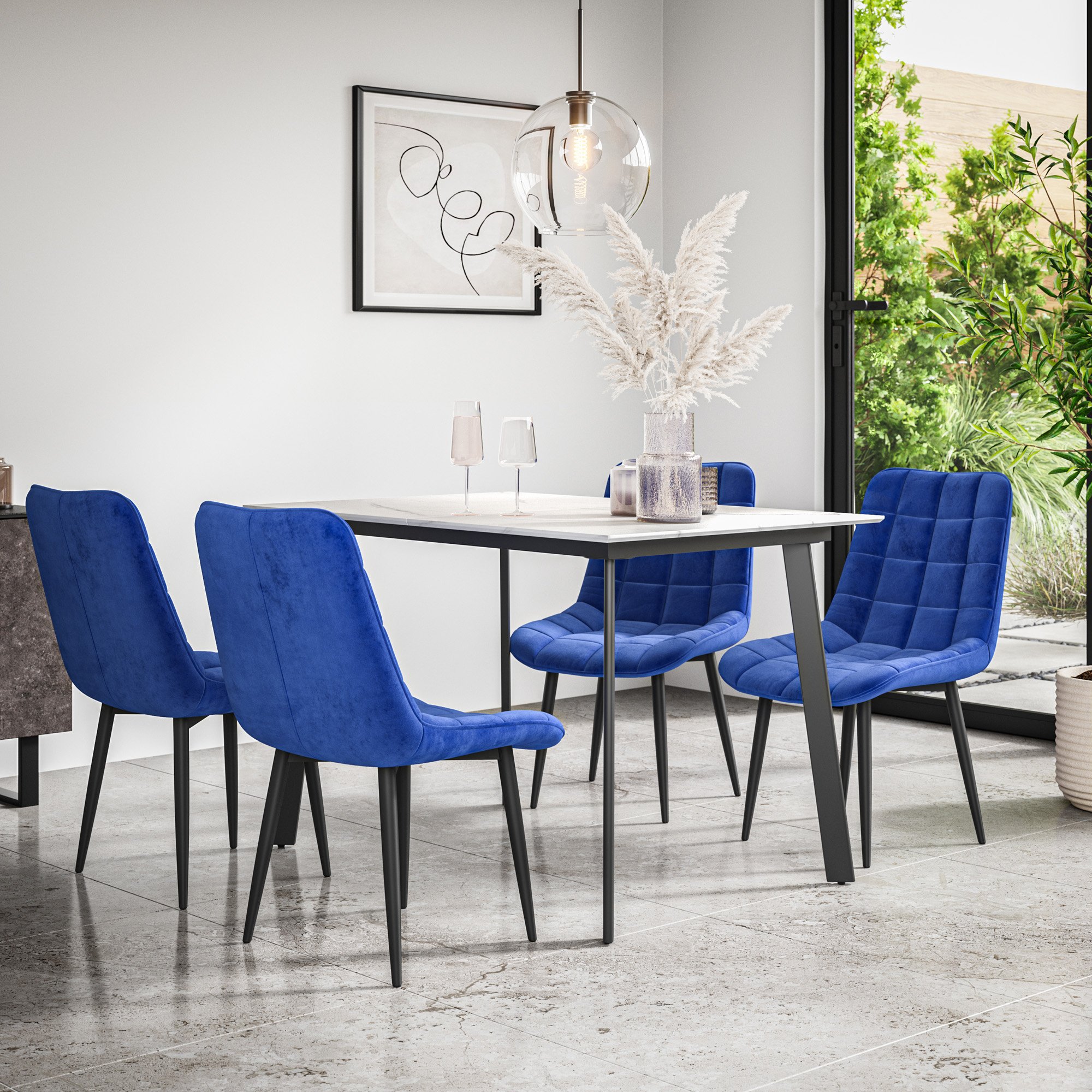 Furniture Online Haydon Nova Marble Effect Dining Table & 6 Blue Chairs - Image 1