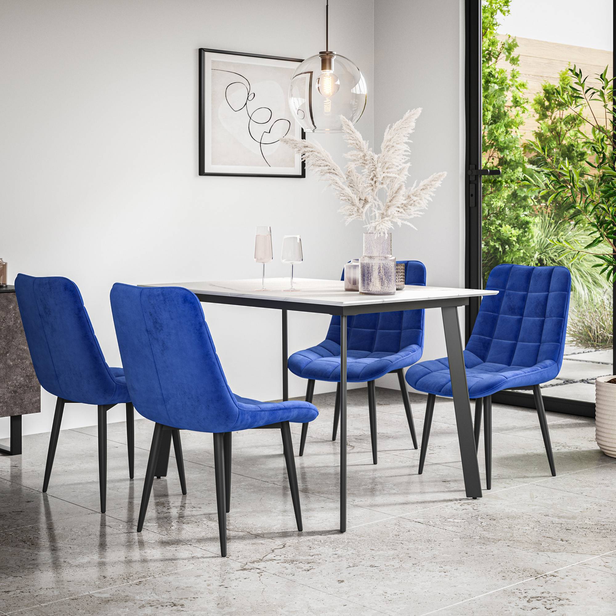 Furniture Online Haydon Nova Marble Effect Dining Table & 6 Blue Chairs - Image 1