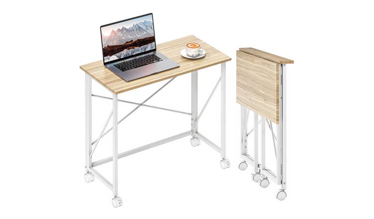 HOMCOM Mdf Foldable Computer Desk with Wheels - Natural Tone