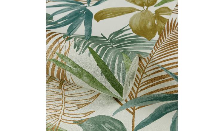 Grandeco Wild Palm Metallic Textured Wallpaper - Green Teal Copper