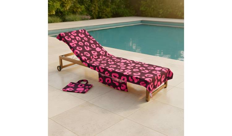 OHS Leopard Print Microfibre Beach Towel in a Bag - Burgundy