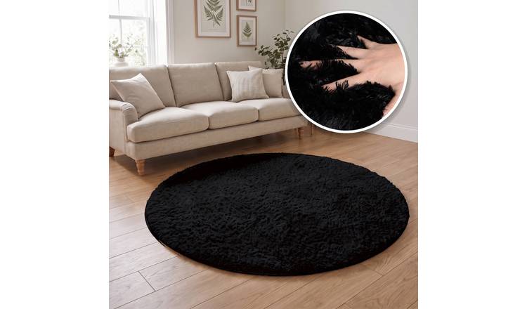 The Rugs Black Lush Plain Washable Non Slip Shaggy Round Rug - 80cm