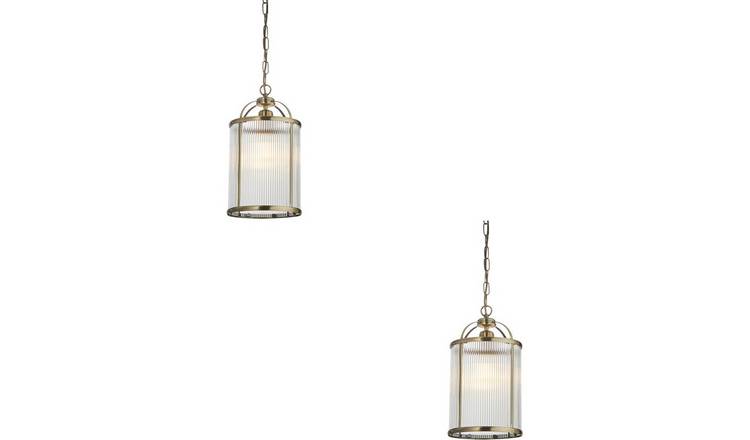 Loops Direct Set of 2 Pendant Light - Antique Brass and Clear Ribbed Glass