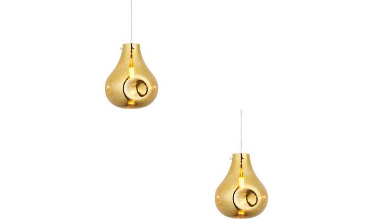Loops Direct Set of 2 Glass and Steel LED Pendant Light - Gold Metallic