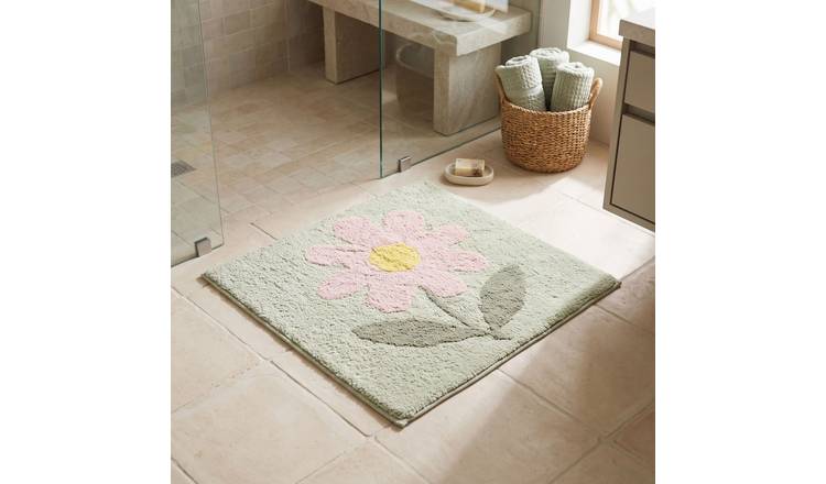 Homescapes Wild Flower Cotton Shower Mat – 50 × 50 cm – Green & Pink