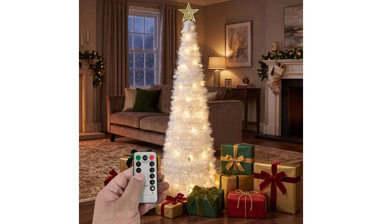 VeryMerry White Pop Up Christmas Tree with LED Lights and Timer - 6FT