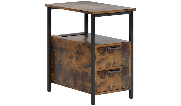 HOMCOM Charging Side Table with USB 2 Drawers and Shelf - Rustic Brown