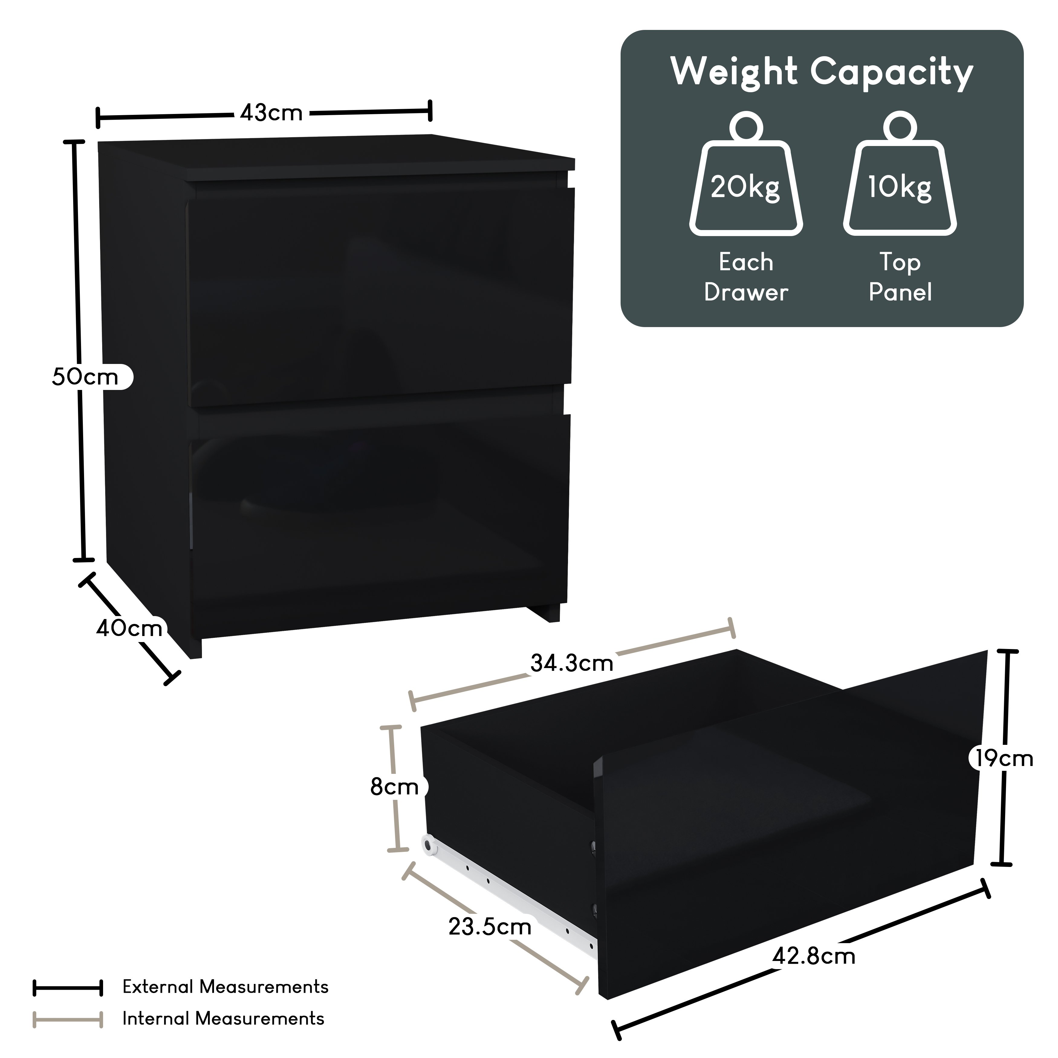 Vida Designs Glinton High Gloss 2 Drawer Bedside Chest - Black - Image 8