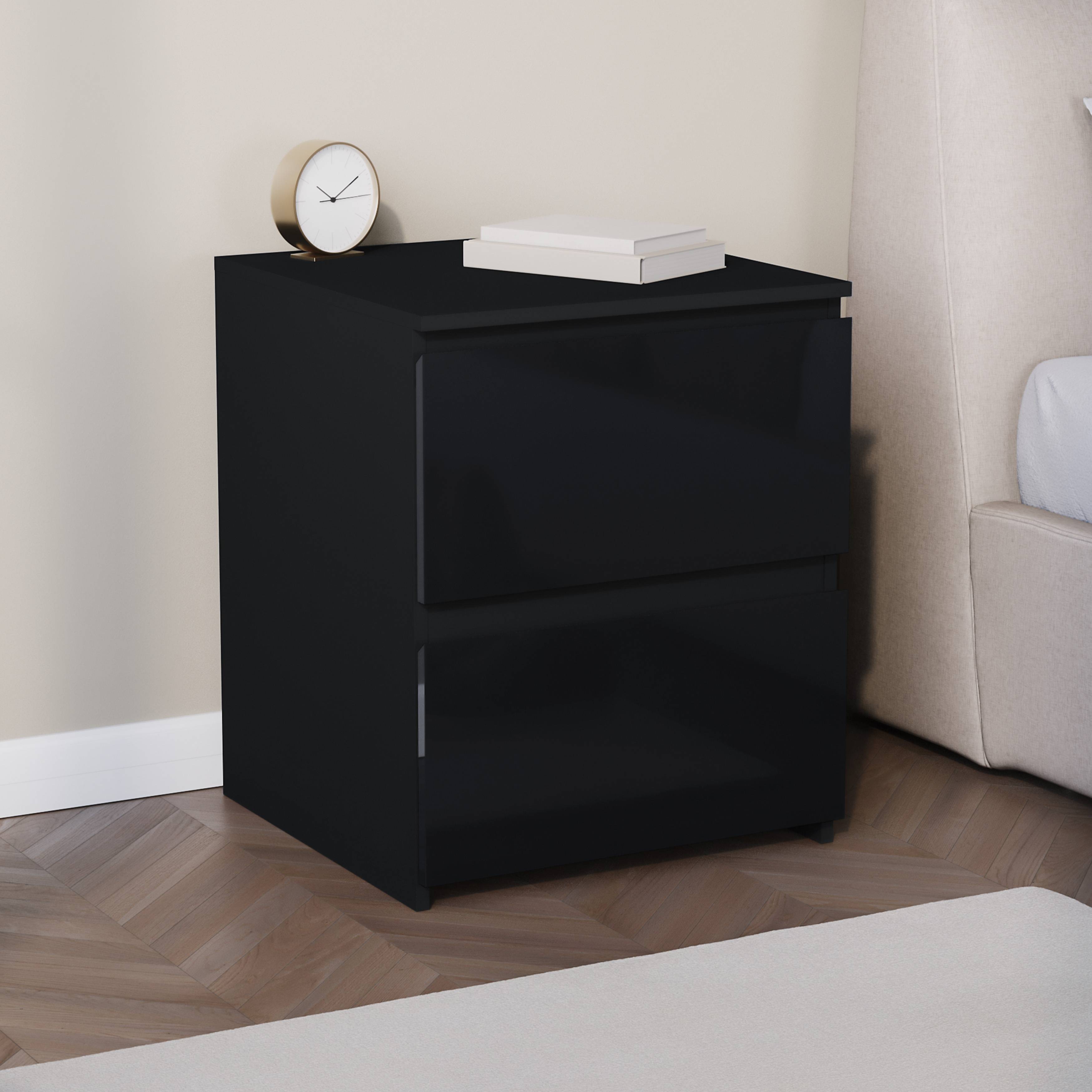 Vida Designs Glinton High Gloss 2 Drawer Bedside Chest - Black - Image 1