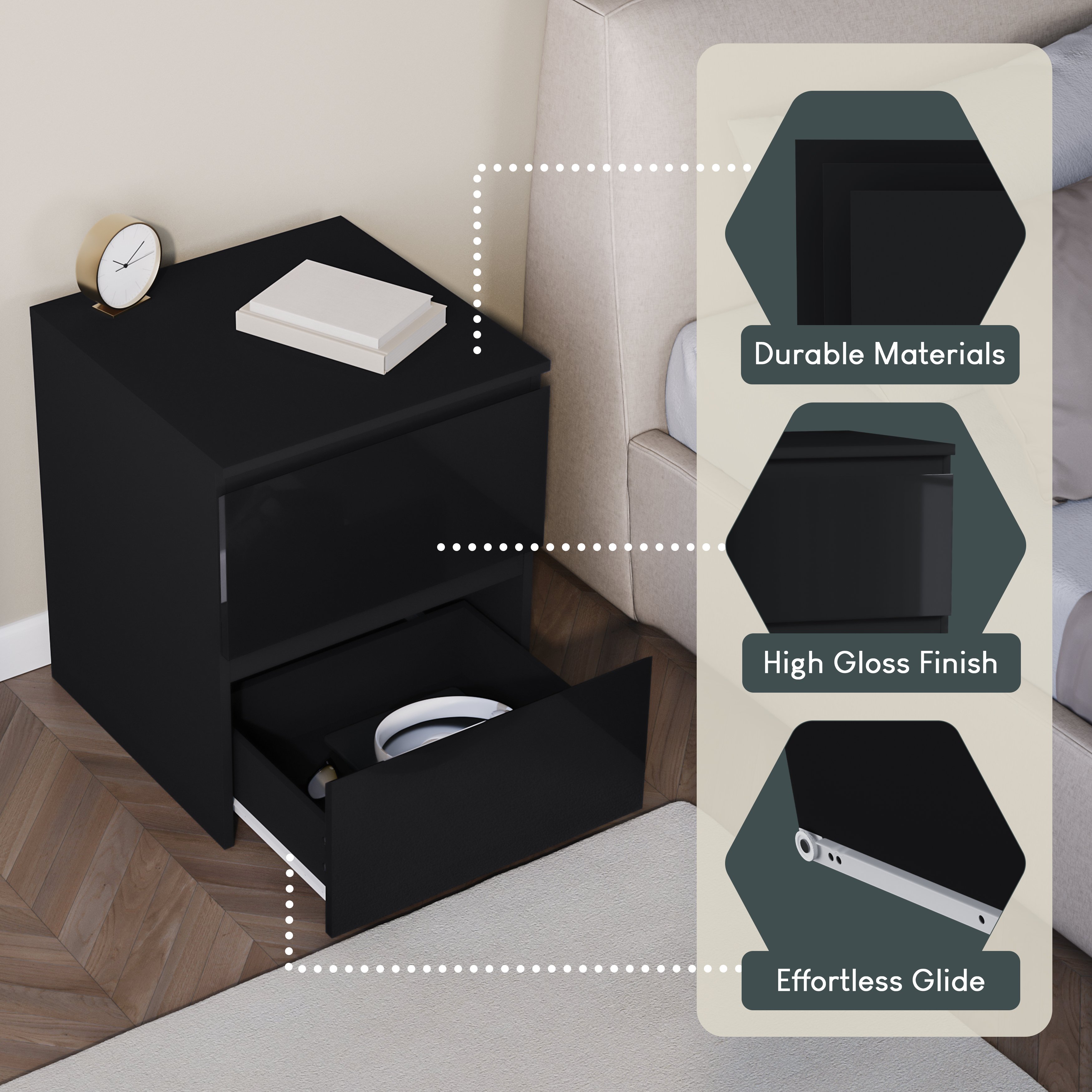 Vida Designs Glinton High Gloss 2 Drawer Bedside Chest - Black - Image 3