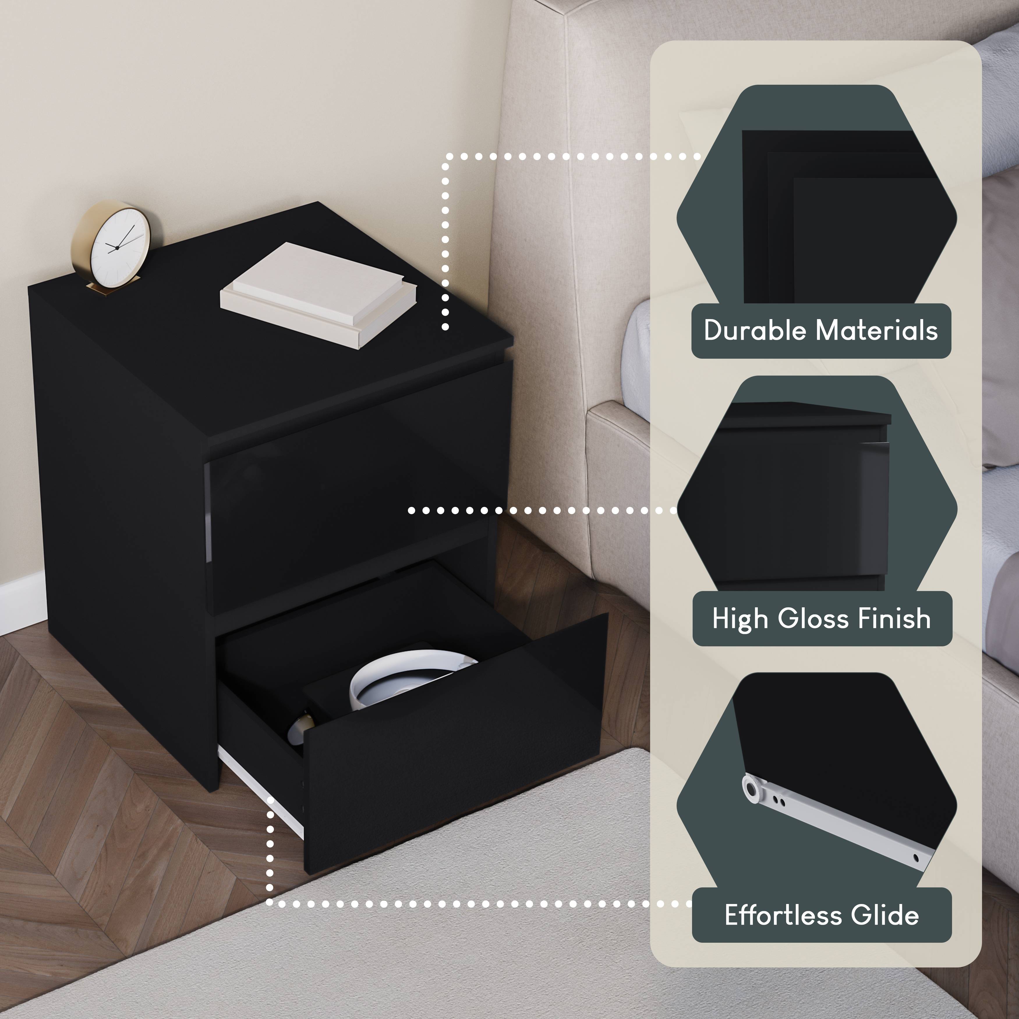 Vida Designs Glinton High Gloss 2 Drawer Bedside Chest - Black - Image 3