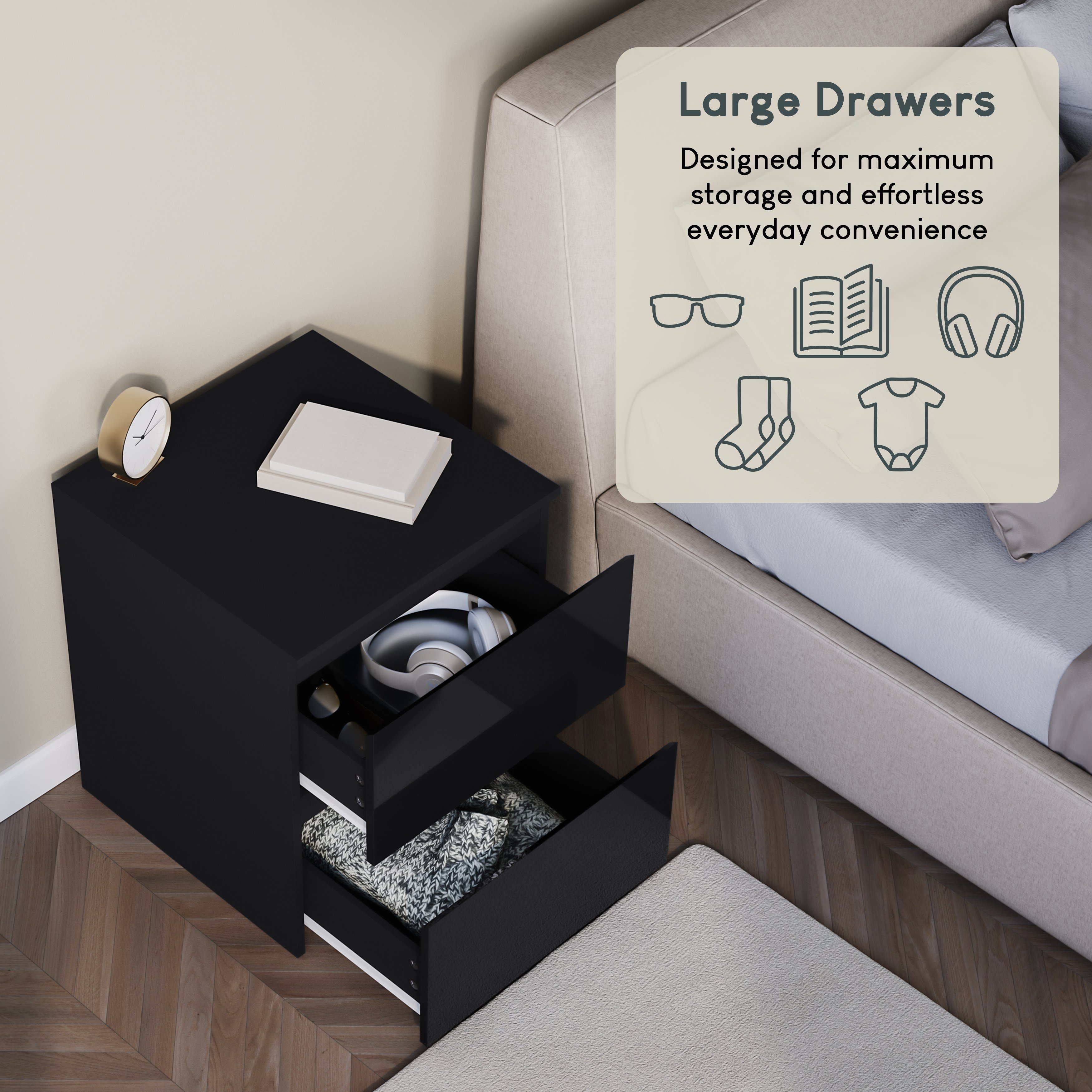 Vida Designs Glinton High Gloss 2 Drawer Bedside Chest - Black - Image 4