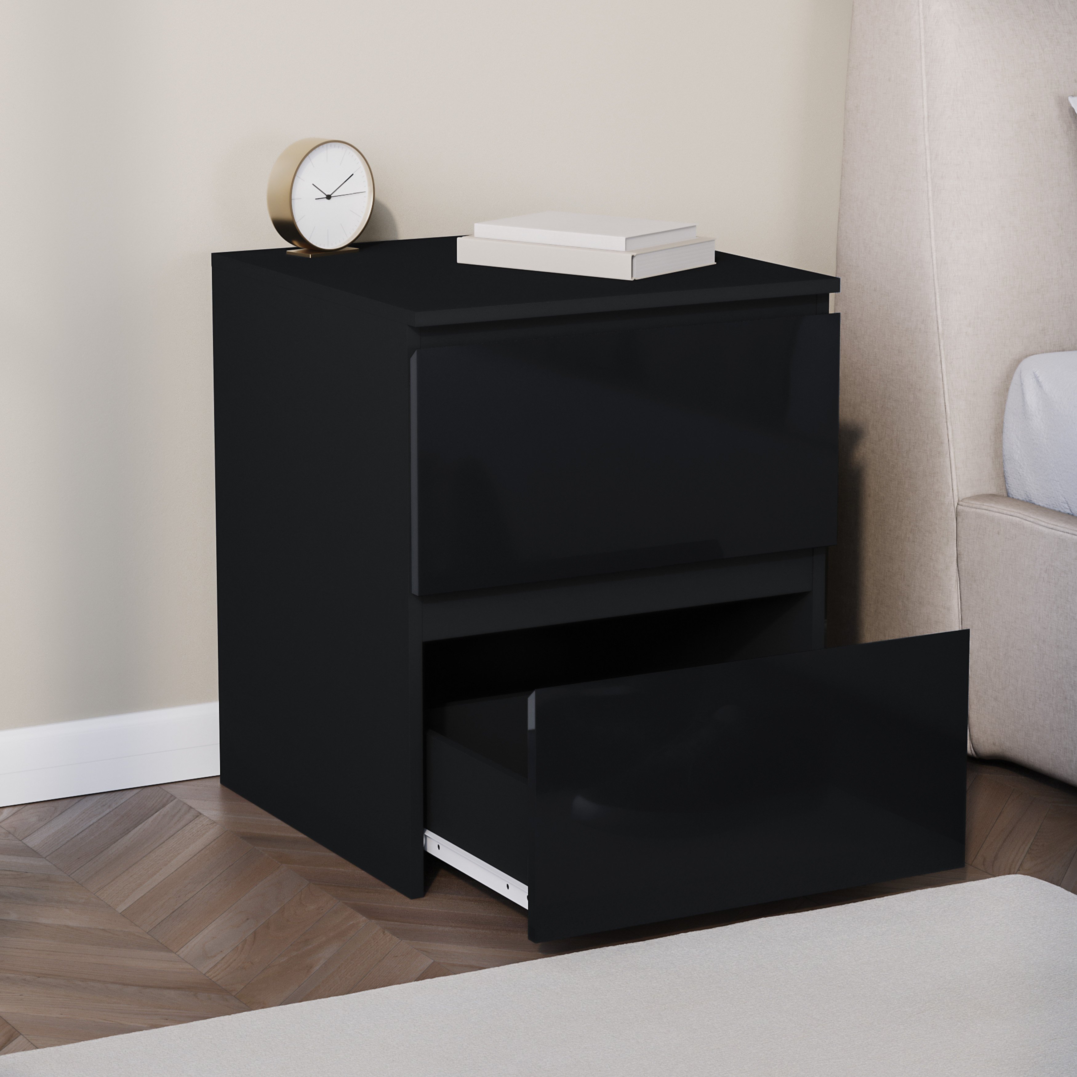 Vida Designs Glinton High Gloss 2 Drawer Bedside Chest - Black - Image 5