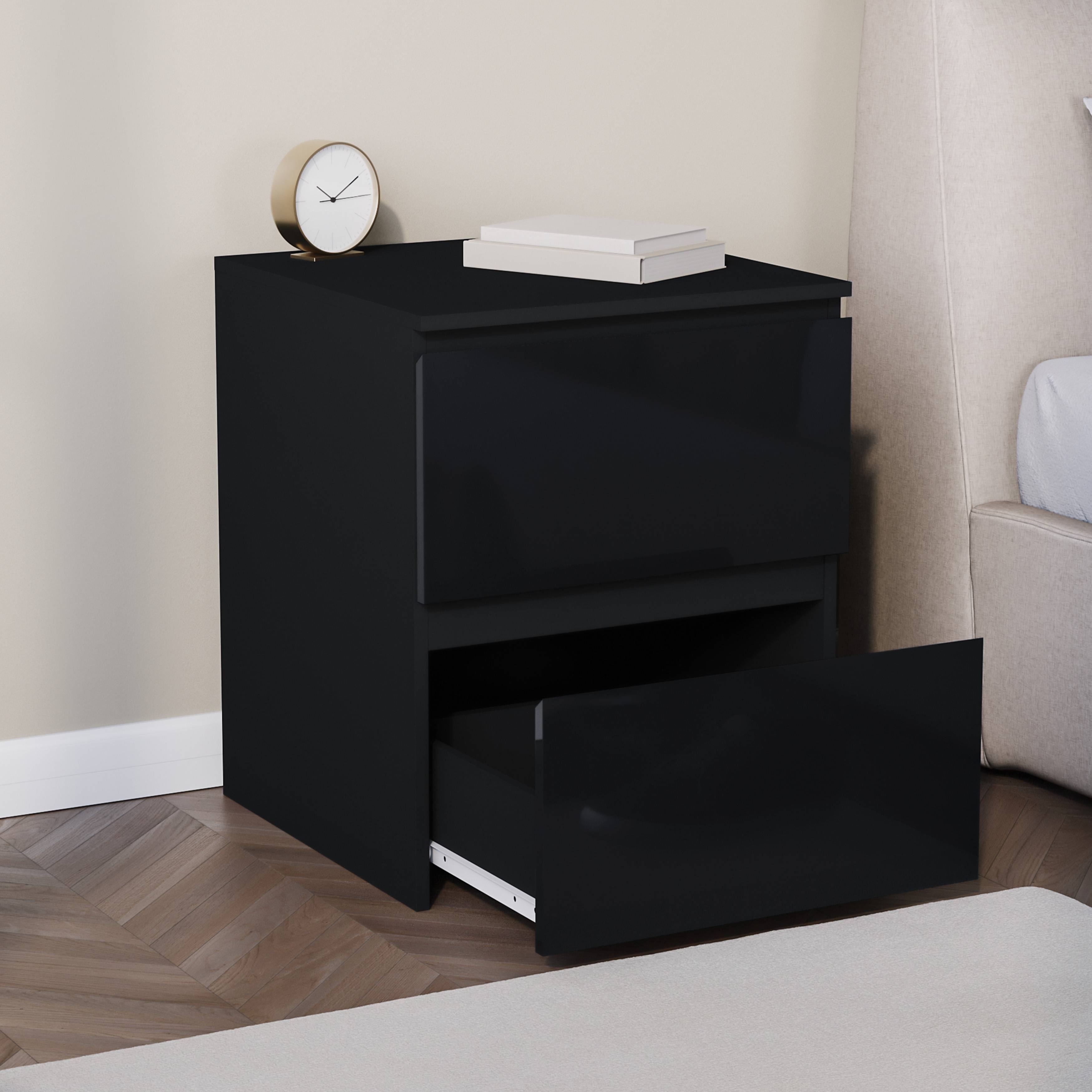 Vida Designs Glinton High Gloss 2 Drawer Bedside Chest - Black - Image 5