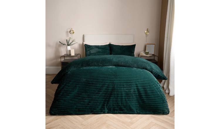 OHS Ribbed Duvet Cover Faux Fur Winter Warm Bedding Set Forest Green - King