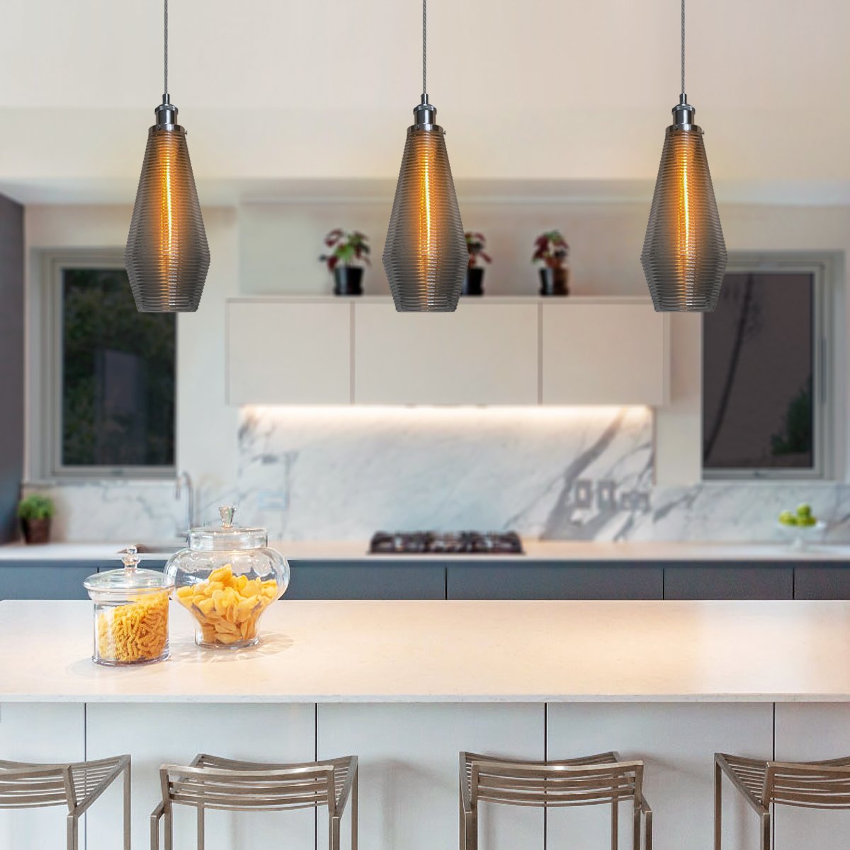 Energy Light Bulbs Smoked Ribbed Glass Ceiling Pendant Light - Grey - Image 5