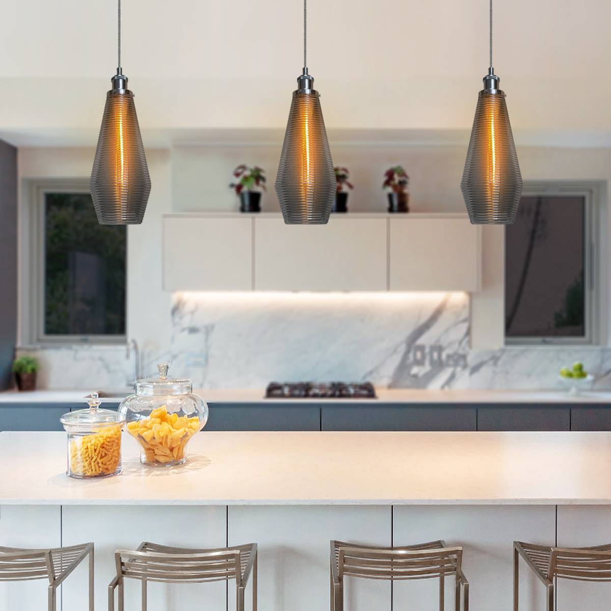 Energy Light Bulbs Smoked Ribbed Glass Ceiling Pendant Light - Grey - Image 5