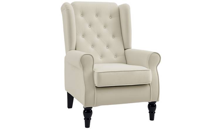 HOMCOM Wooden Button Tufted Snow Flannel Armchair for Living Room - Cream