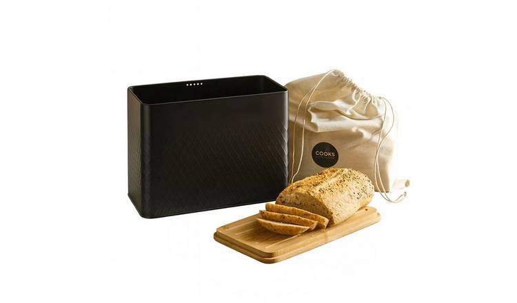Cooks Professional Square Bread Bin, Linen Bag and Bamboo Board Set - Black