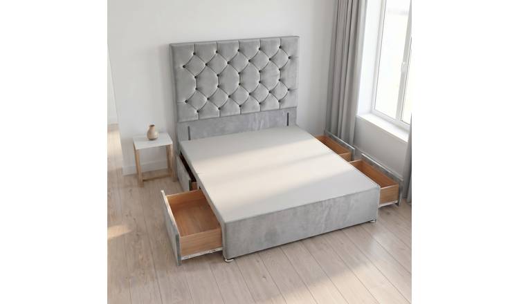 Somnior Diamante Velvet 4FT6 Double 4 Drawer Divan Bed Base - Silver