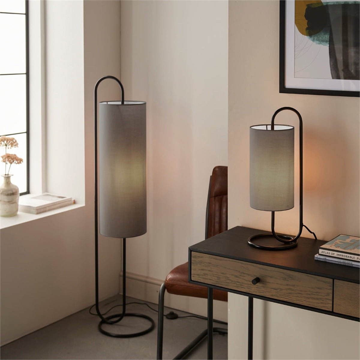 Loops Direct Steel and Fabric Table Lamp - Matt Black and Grey - Image 3