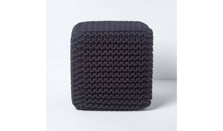 Homescapes Cube Cotton Knitted Pouffe Footstool – Black