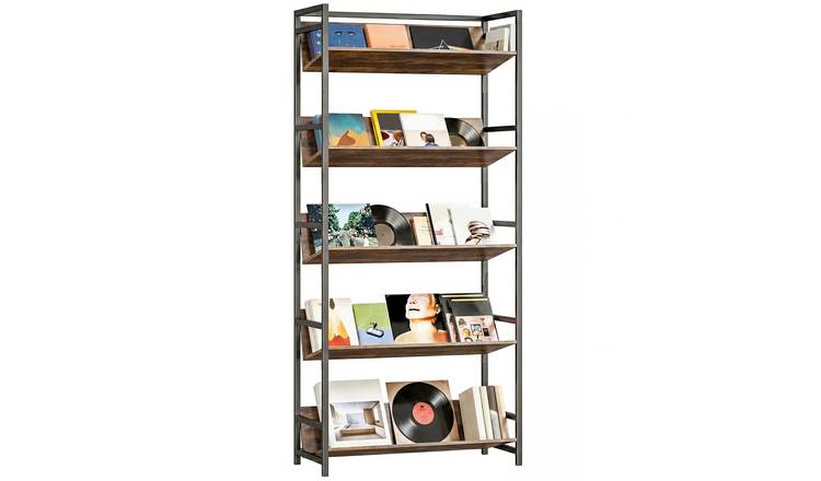 HOMCOM 5 Tier Metal Storage Bookcase - Rustic Brown