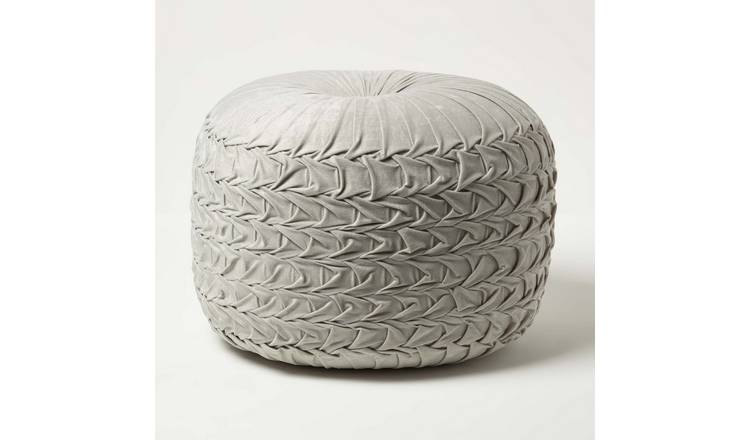 Homescapes Grace Pleated Velvet Pouffe - Grey