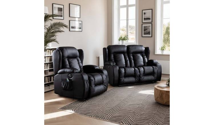 Furniture Online Caesar Electric Recliner Leather 1+2 Seater Sofa Set - Black