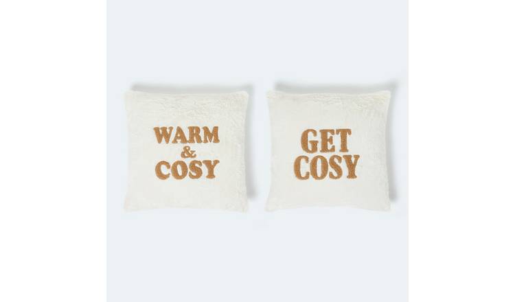 Homescapes Faux Fur Slogan Cushion Pair – Plush Embroidered Design