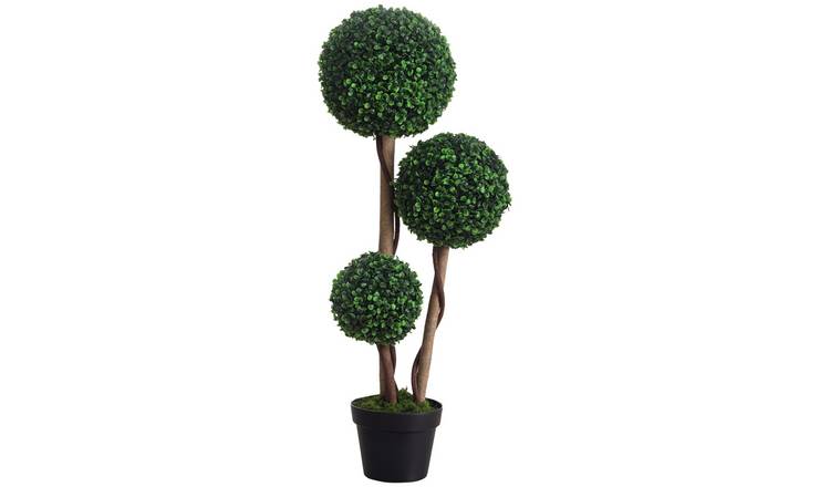 HOMCOM Set of 2 Artificial Boxwood with 3 Topiary Balls- Dark Green