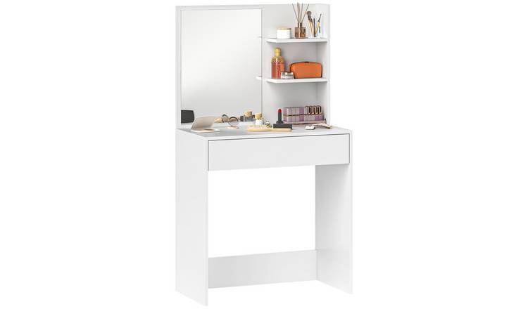 HOMCOM Modern Dressing Table with Mirror and 3 Open Shelves - White