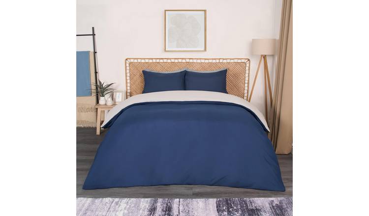 OHS Plain Dyed Reversible Duvet Cover Set Navy/Grey - Double
