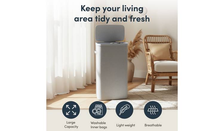 Keplin 55L Collapsible Fabric Lidded Slim Laundry Basket - Grey