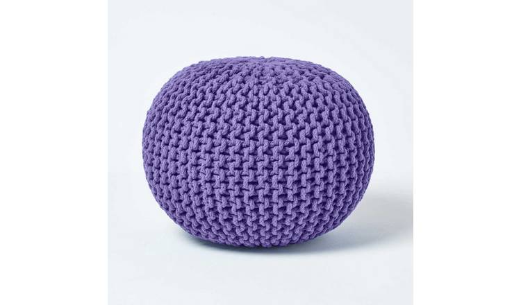 Homescapes Round Cotton Knitted Pouffe Footstool – Purple