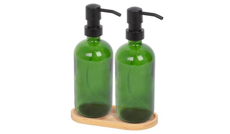 Harbour Housewares 2pc Glass Soap Dispenser Set with Bamboo Tray  - Green
