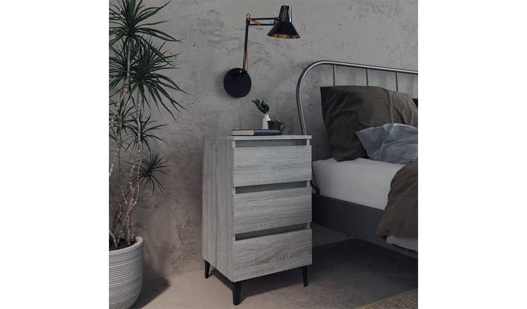 Walplus Metal Leg 3 Drawer Bed Cabinet - Grey and Oak - 40 x 35 x 69 cm