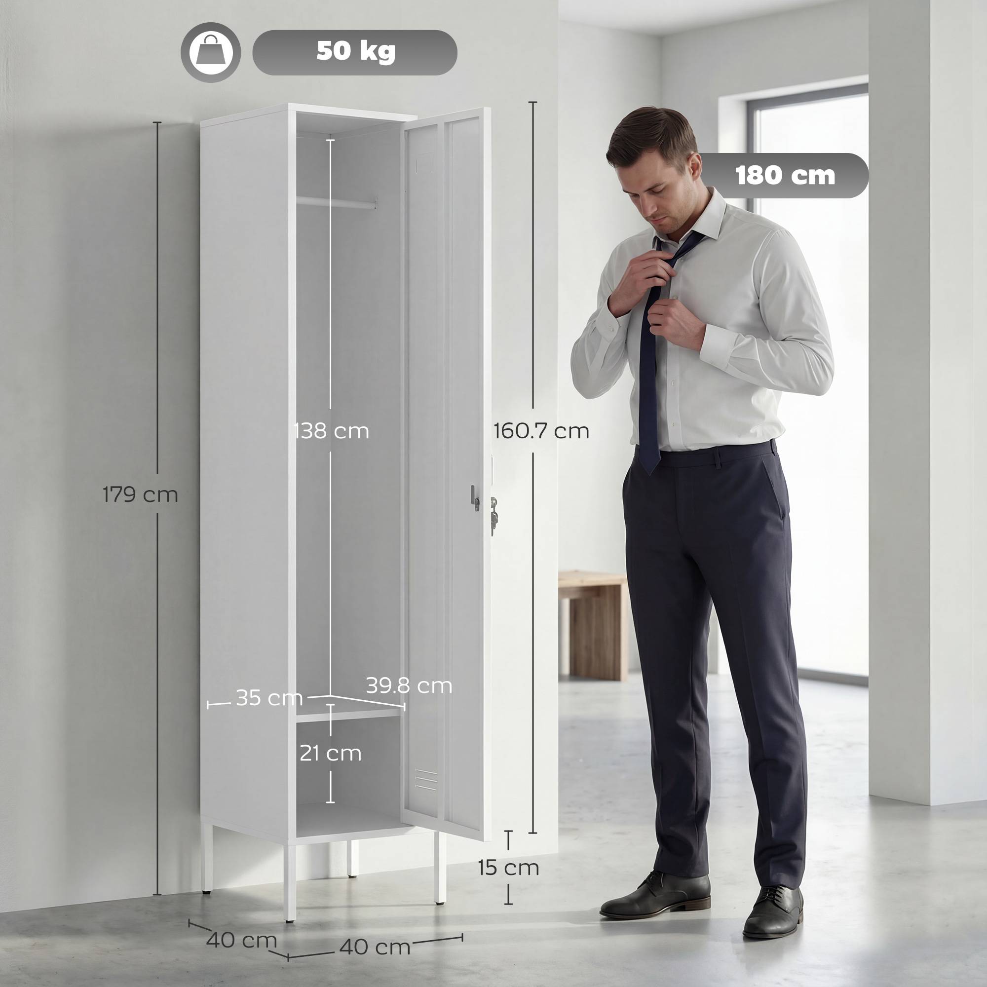 HOMCOM 179cm Metal Lockable Single Locker Cabinet – White - Image 7